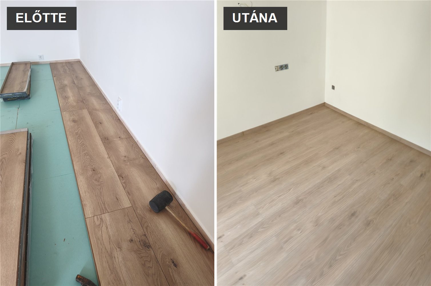 Valódi előtte-utána: laminált padló lerakása előtt és a kész, elkészült padló